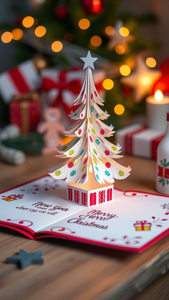 A pop-up Christmas card with a tree design, decorated with festive elements.